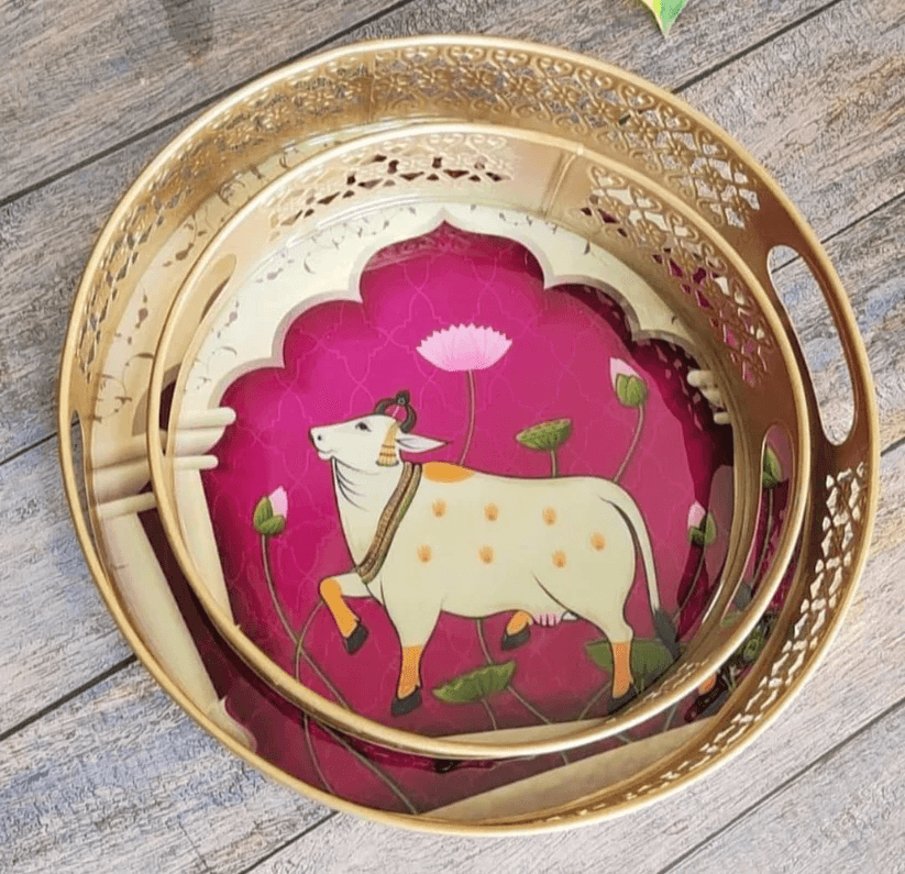 Spherevant Gold Metal Serving Tray For Home Decor Pack Of 3