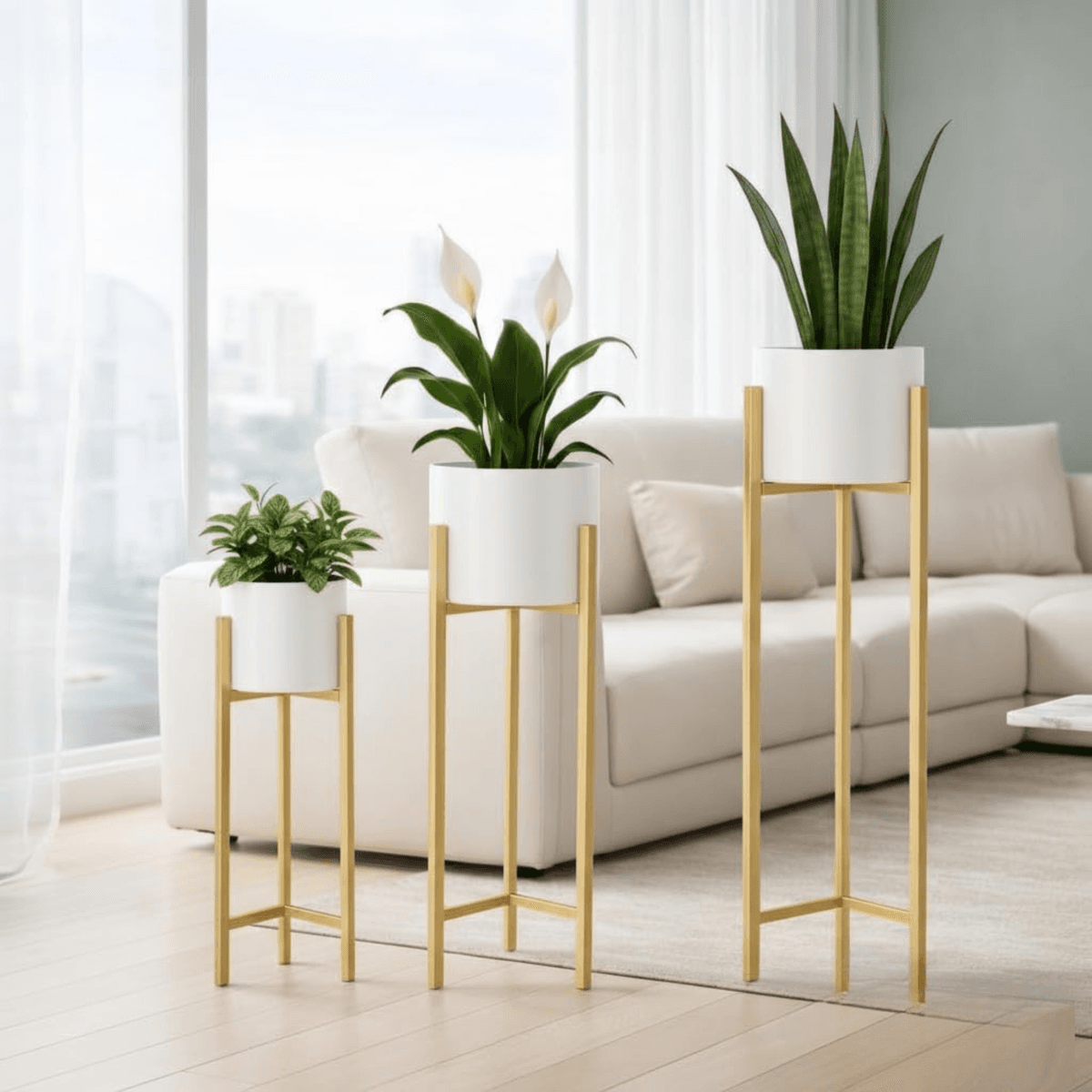 Modern White & Gold Metal Plant Stand Set of 3 – Elegant Indoor Planter Stands for Living Room & Home Décor