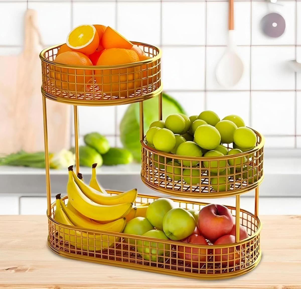 Spherevant Gold Metal Fruit Basket Stand For Home Decor Pack Of 3