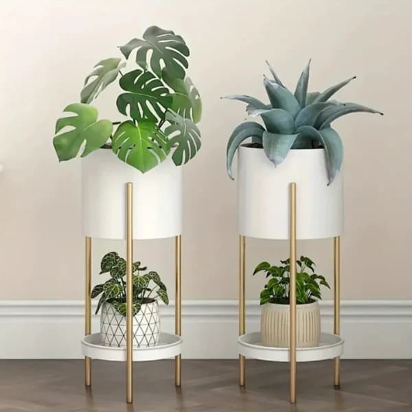 Spherevant Gold And White Metal Plant Stand For Home Decor Pack Of 2